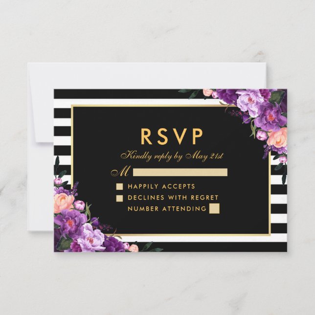 Floral Purple Gold Striped Black RSVP Wedding Card (Front)