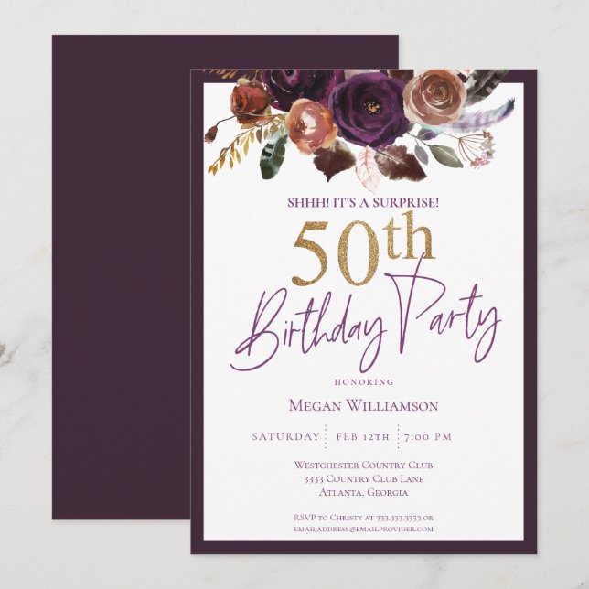 Floral Purple Gold Surprise 50th Birthday Party Invitation (Front/Back)