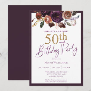 Floral Purple Gold Surprise 50th Birthday Party Invitation