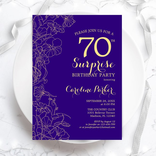 Floral Purple Gold Surprise 70th Birthday Party Invitation (Creator Uploaded)