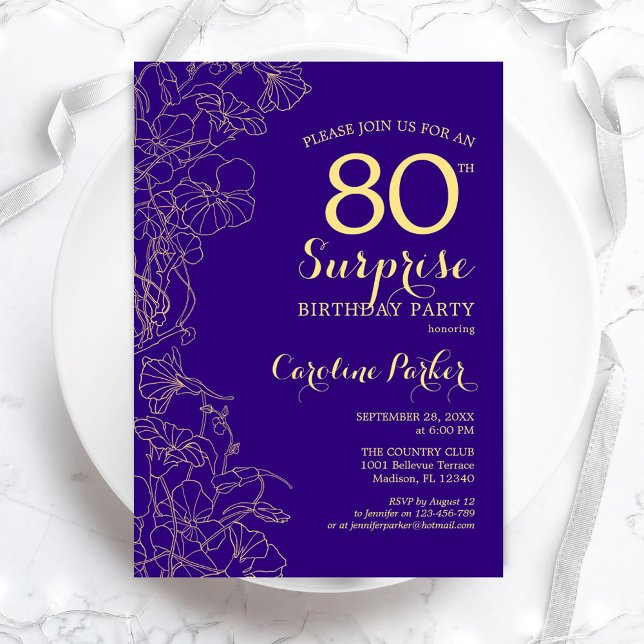 Floral Purple Gold Surprise 80th Birthday Party Invitation (Creator Uploaded)