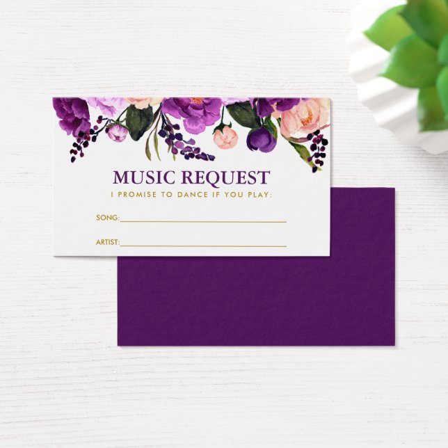 Floral Purple Gold Wedding Music Song Request Card (Desk)
