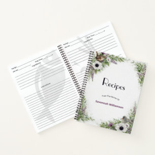 Floral Purple Green Songbirds Recipe Notebook