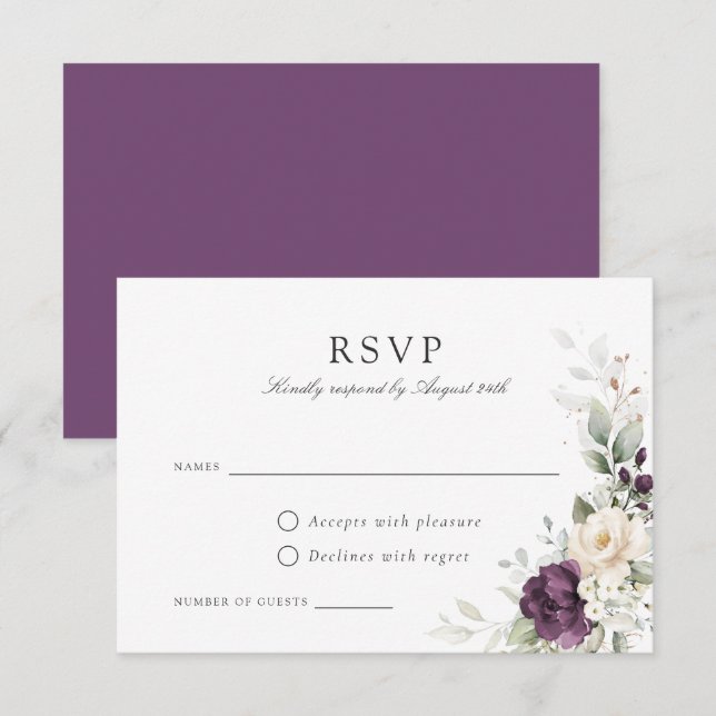 Floral Purple Greenery Gold Wedding RSVP Card (Front/Back)