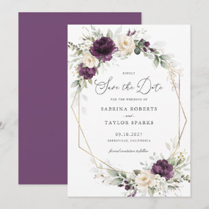 Floral Purple Greenery Gold Wedding Save The Date Invitation