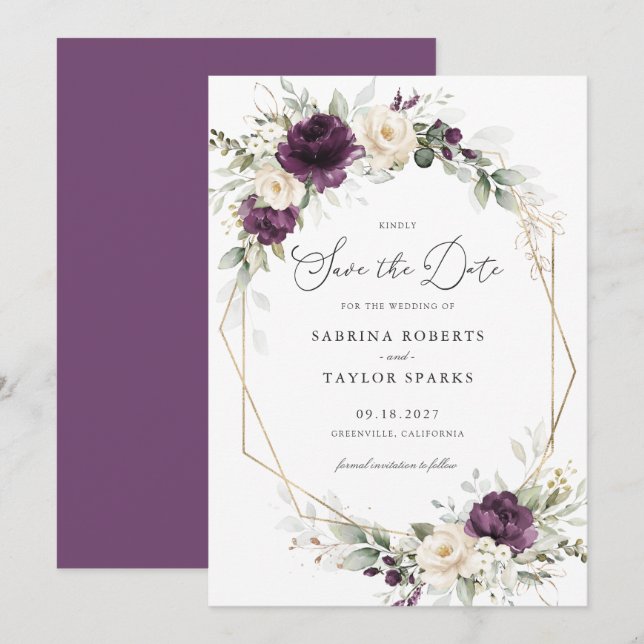 Floral Purple Greenery Gold Wedding Save The Date Invitation (Front/Back)