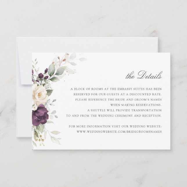 Floral Purple Greenery Wedding Details Insert Invitation (Front)