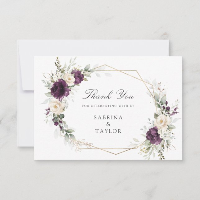 Floral Purple Greenery Wedding Thank You Card (Front)