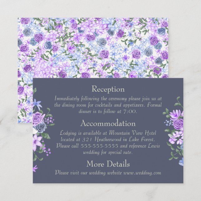 Floral Purple, Grey Calligraphy Wedding Details Enclosure Card (Front/Back)