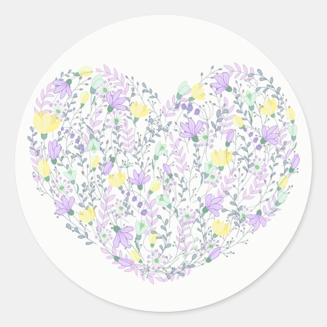 Floral Purple Heart With Lavender Flowers Wedding Classic Round Sticker (Front)