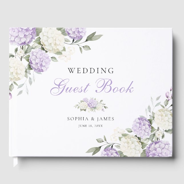 Floral Purple Hydrangea Greenery Wedding Guest Book (Front)