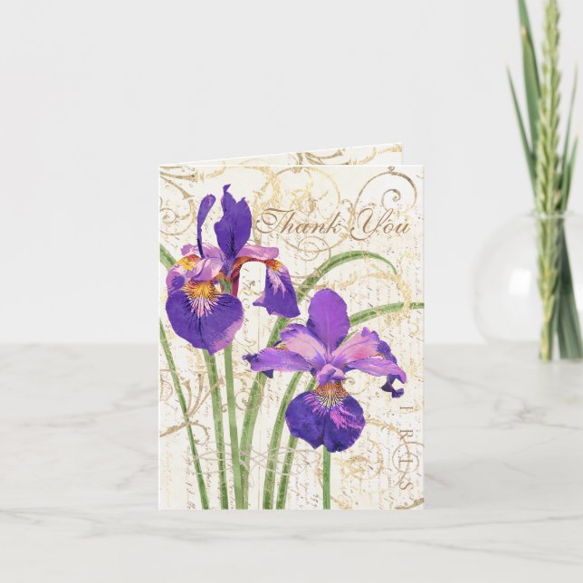 Floral Purple Iris Gold Damask White Thank You Card (Front)