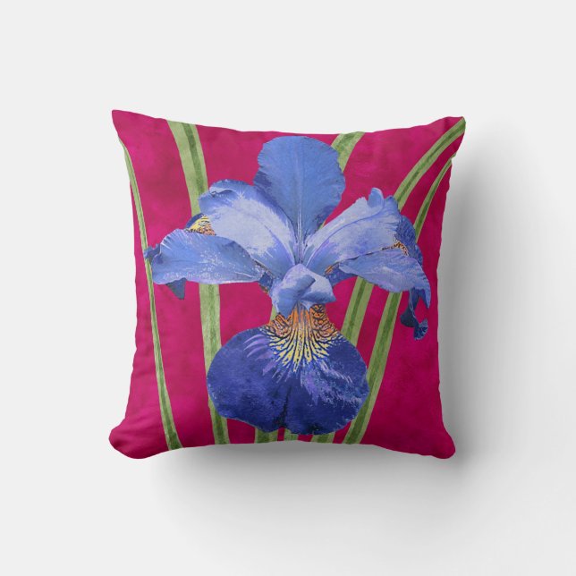 Floral Purple Iris on Magenta Pink Cushion (Front)