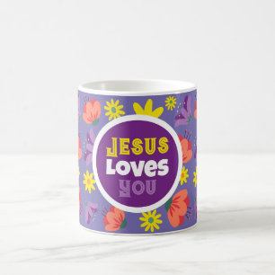 Floral Purple Jesus Loves You Coffee Mug