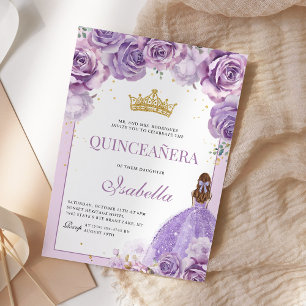 Floral Purple Lilac Quinceanera Gold Princess Invitation