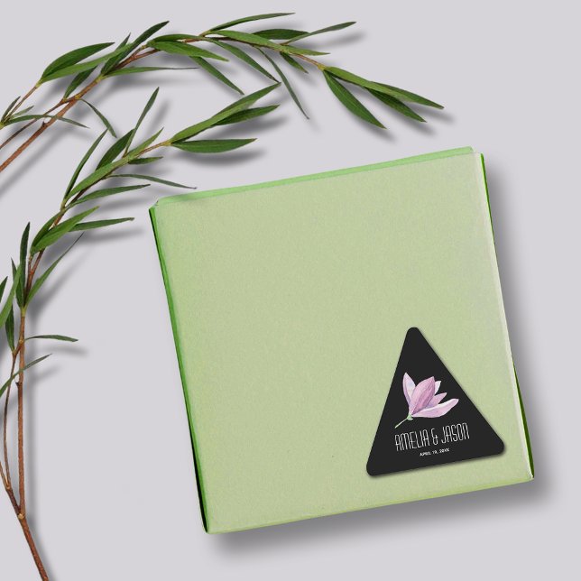 Floral Purple Magnolia on Black Triangle Sticker (Magnolia Floral Wedding Favor Black Heart Shaped Stickers)