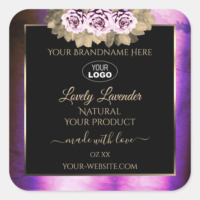 Floral Purple Marble Black Product Labels Add Logo (Front)