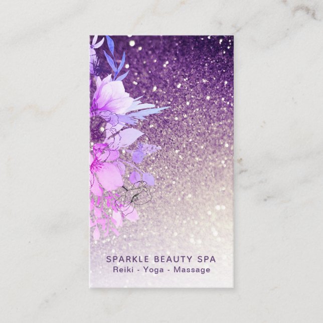 *~* Floral Purple Ombre Glitter Beauty Spa Business Card (Front)
