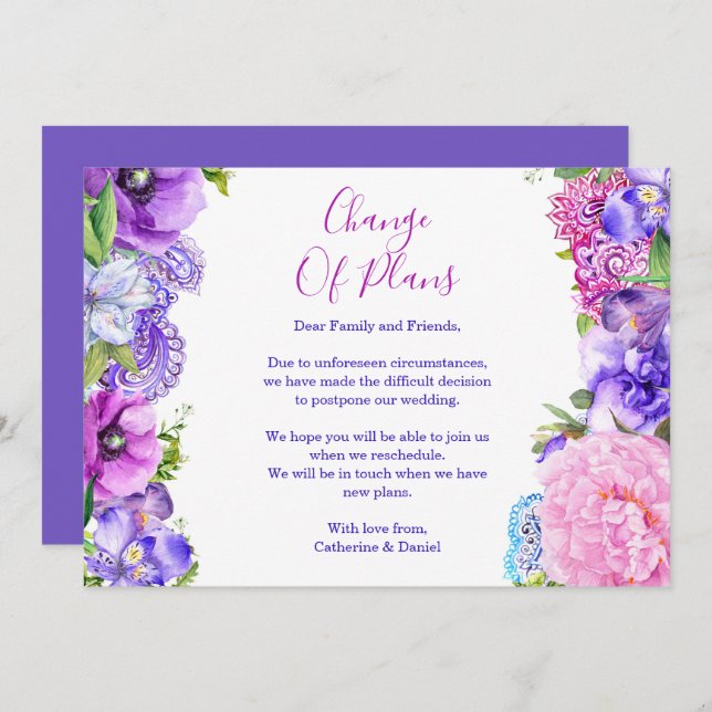 Floral Purple Paisley Change Of Plans Postponement Announcement (Front/Back)