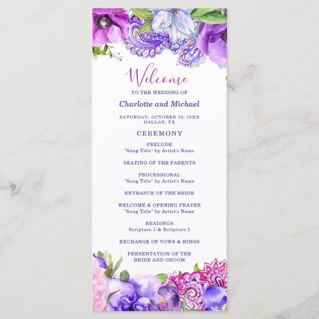 Floral Purple Paisley Chic Modern Boho Wedding Programme (Front)