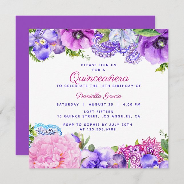 Floral Purple Paisley Modern Quinceañera Invitation (Front/Back)