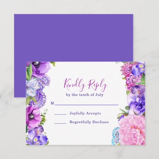 Floral Purple Paisley Watercolor Wedding RSVP Card (Front/Back)