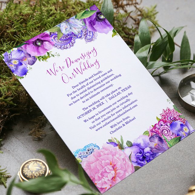 Floral Purple Paisley We're Downsizing Our Wedding Holiday Card (Creator Uploaded)