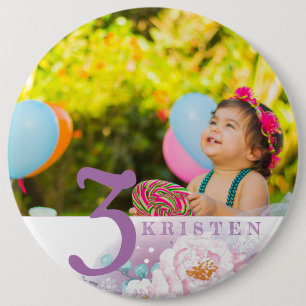 Floral purple personalised classic photo 6 cm round badge