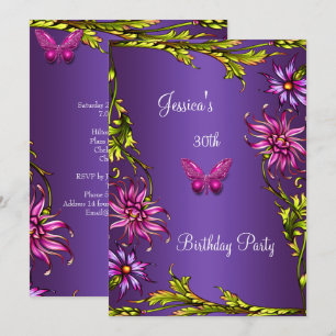 Floral Purple Pink Butterfly 30th Birthday Party 2 Invitation