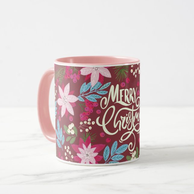 Floral purple pink Christmas lettering Mug (Front Left)