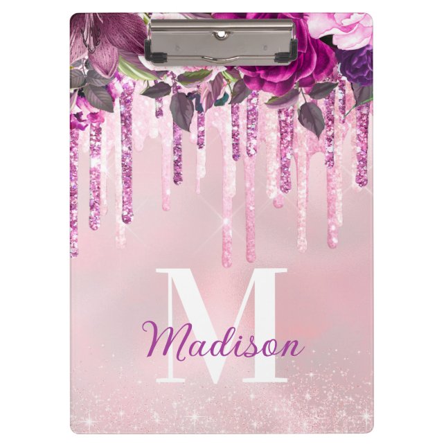 Floral Purple pink dripping glitter monogram Clipboard (Front)