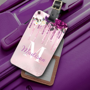 Floral Purple pink dripping glitter monogram Luggage Tag