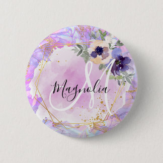 Floral Purple, Pink & Gold Rainbow Marble Monogram 6 Cm Round Badge