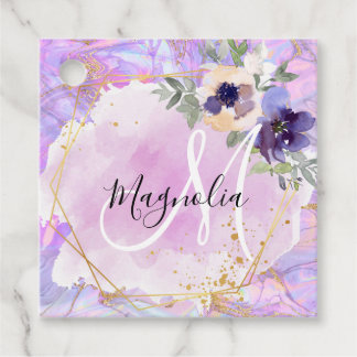 Floral Purple, Pink & Gold Rainbow Marble Monogram Favour Tags