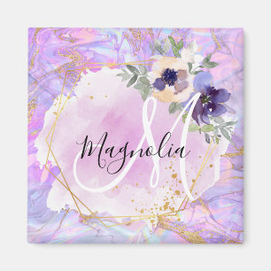 Floral Purple, Pink & Gold Rainbow Marble Monogram Magnet