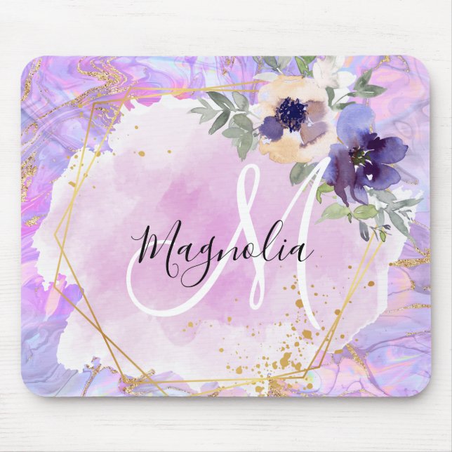Floral Purple, Pink & Gold Rainbow Marble Monogram Mouse Mat (Front)