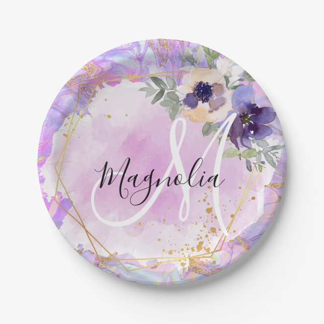 Floral Purple, Pink & Gold Rainbow Marble Monogram Paper Plate (Front)