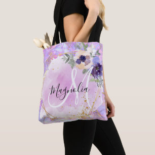 Floral Purple, Pink & Gold Rainbow Marble Monogram Tote Bag