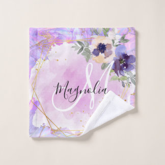 Floral Purple, Pink & Gold Rainbow Marble Monogram Wash Cloth