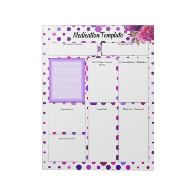 Floral Purple Polka Dots _ Medication Template Notepad (Rotated)
