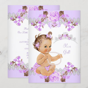 Floral Purple Princess Baby Shower Brunette Girl Invitation