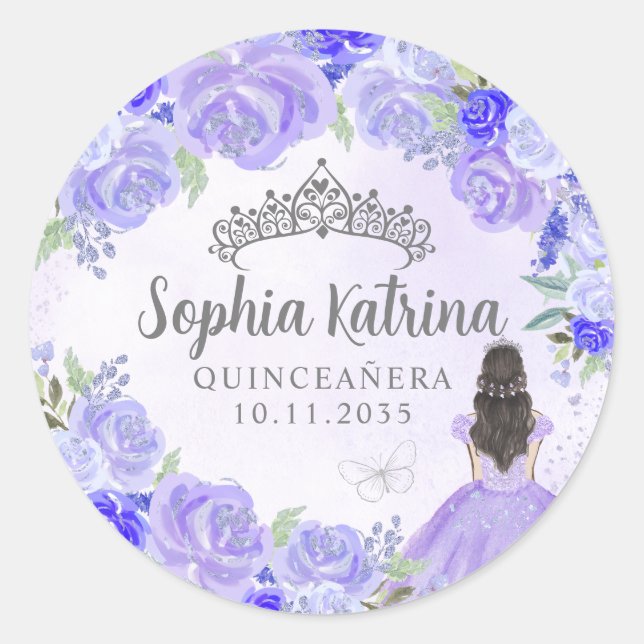 Floral Purple Princess Quinceanera Birthday Favour Classic Round Sticker (Front)