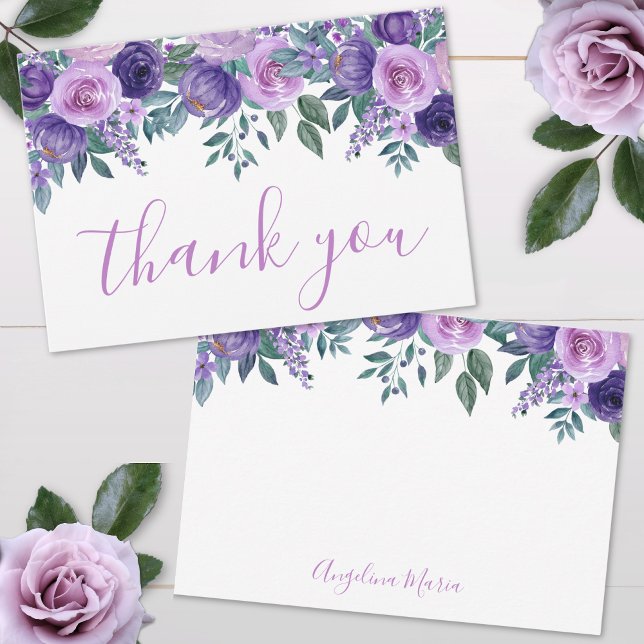 Floral Purple Quinceañera Birthday Thank You Card (Floral Purple Quinceañera Birthday Thank You Card)