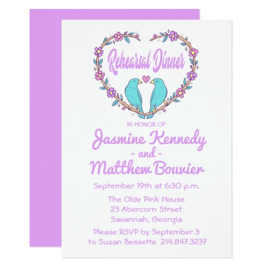 Floral Purple Rehearsal Dinner Lovebirds Heart Card