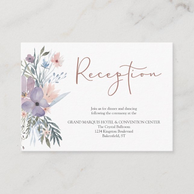 Floral Purple Rose Gold Wedding Reception Enclosure Card (Front)