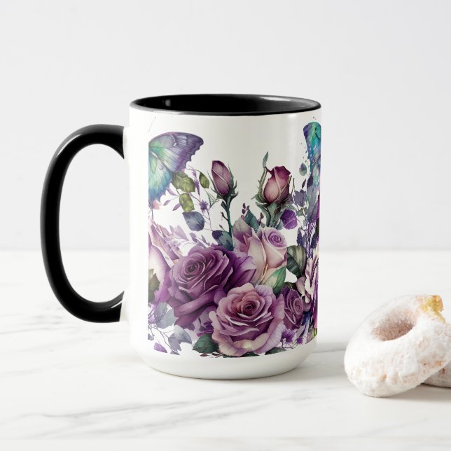 Floral Purple Roses and Butterflies Mug (With Donut)
