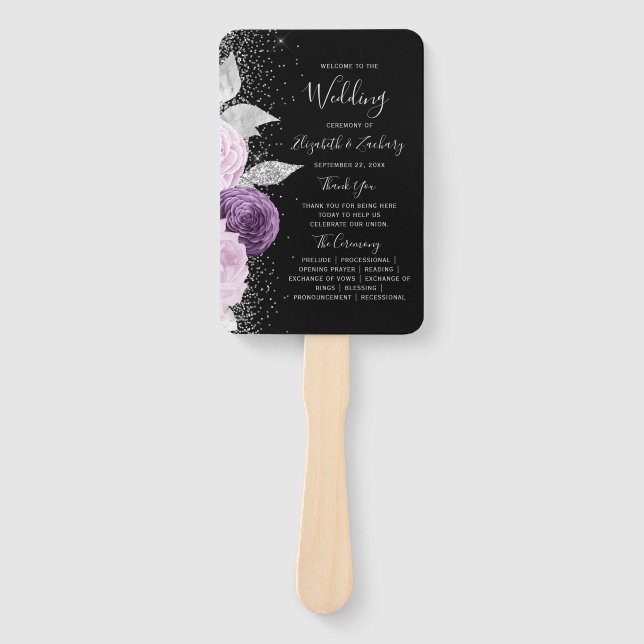 Floral Purple Silver Black Wedding Program Hand Fan (Front)