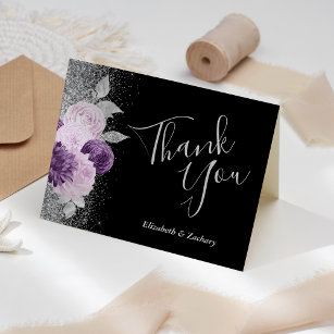Floral Purple Silver Black Wedding Thank You Card