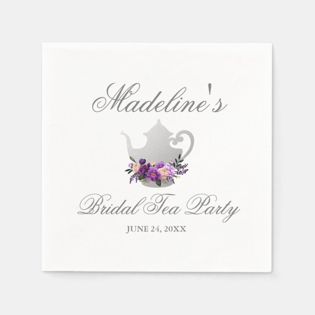 Floral Purple Silver Bridal Shower Tea Party Napkin (Front)