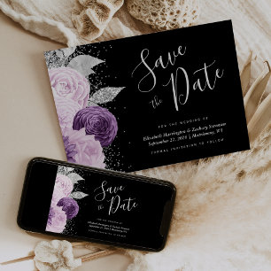 Floral Purple Silver Glitter Black Save the Date Invitation